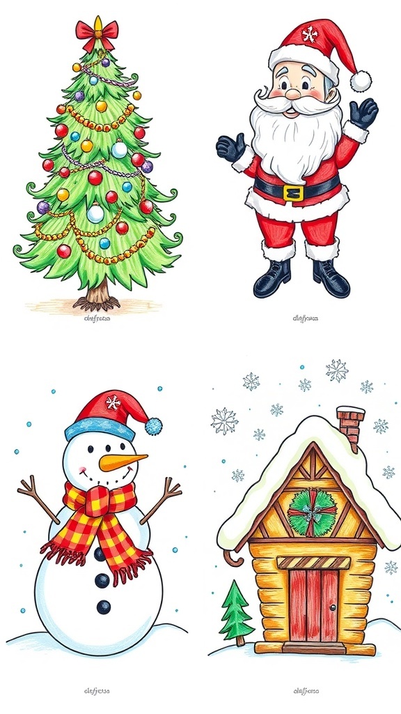 Festive Christmas Drawing Design Ideas A collection of festive Christmas drawings including a tree, Santa, a snowman, and a winter cabin.